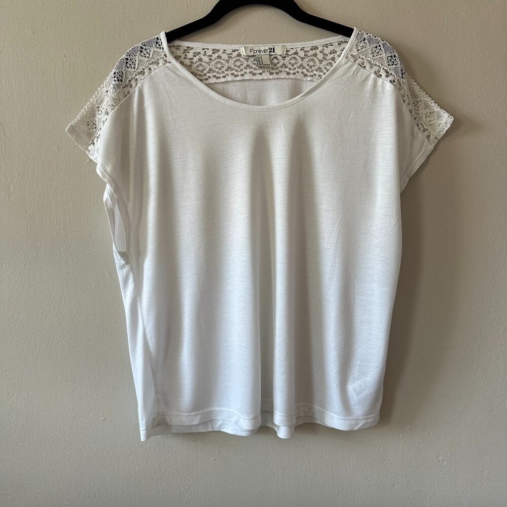 Forever 21 White Lace Shoulder Top – Short Sleeve Blouse